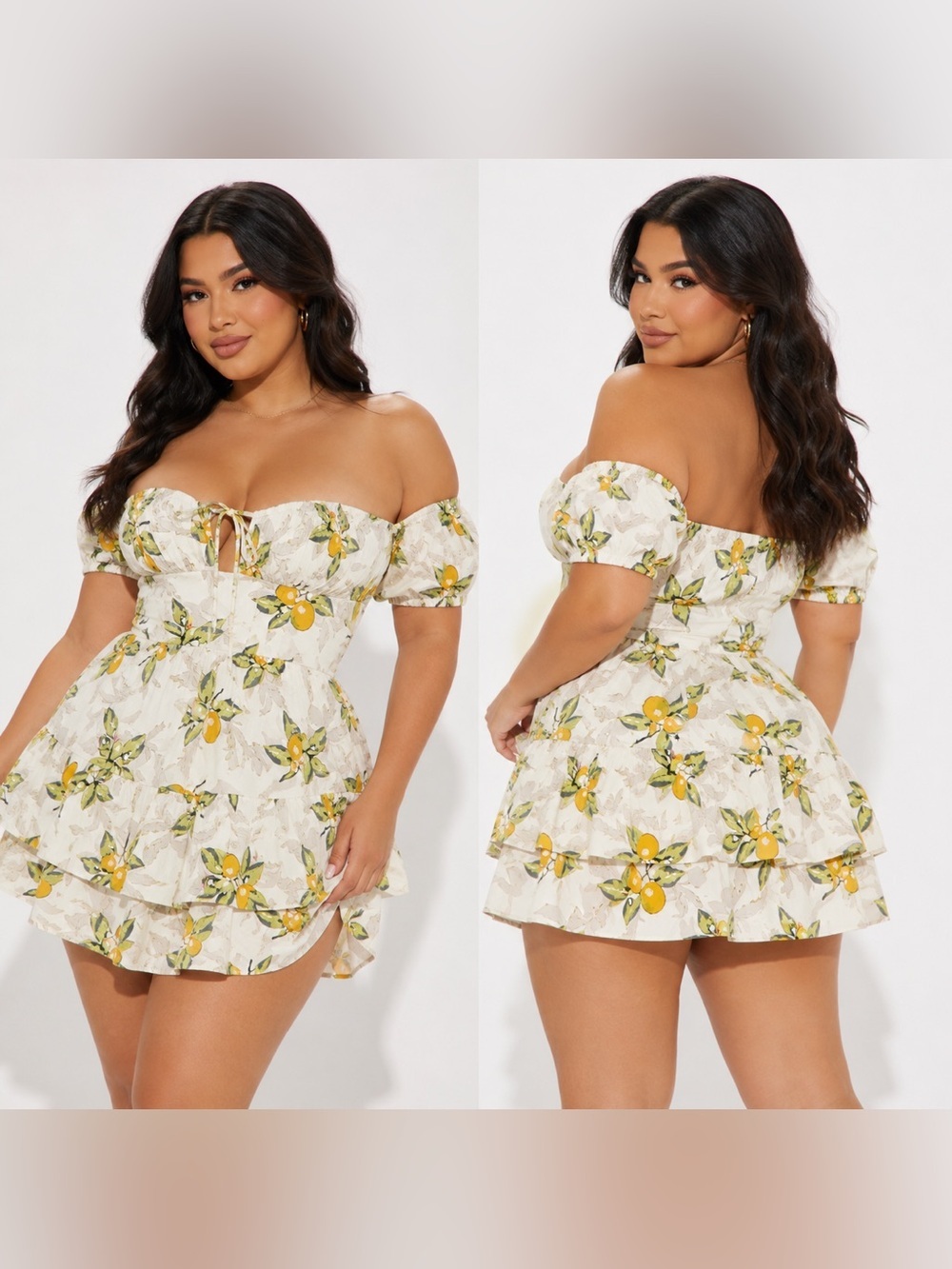 Fashion Nova Cream Lemon Print Off-Shoulder Mini Dress